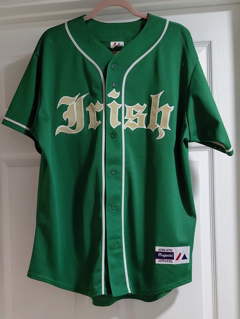 Majestic Green Baseball Jersey with Gold 'Irish' Script